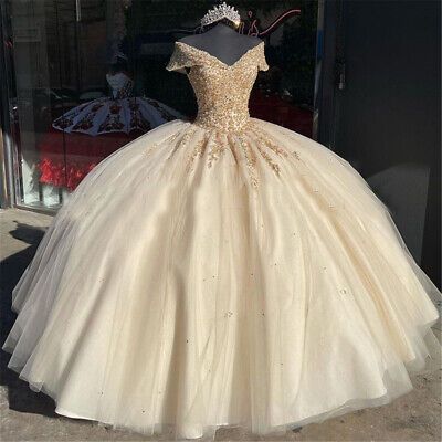 Robe de bal à épaules dénudées pour quinceañera, ornée de dentelle champagne et de perles (Y586)