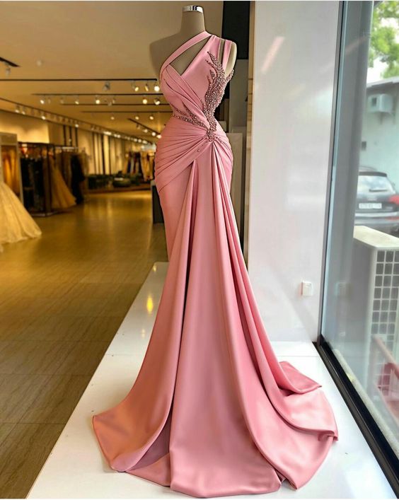 Robes de bal plissées roses, robes de bal perlées, robes de soirée en satin, robes de bal arabes Y560