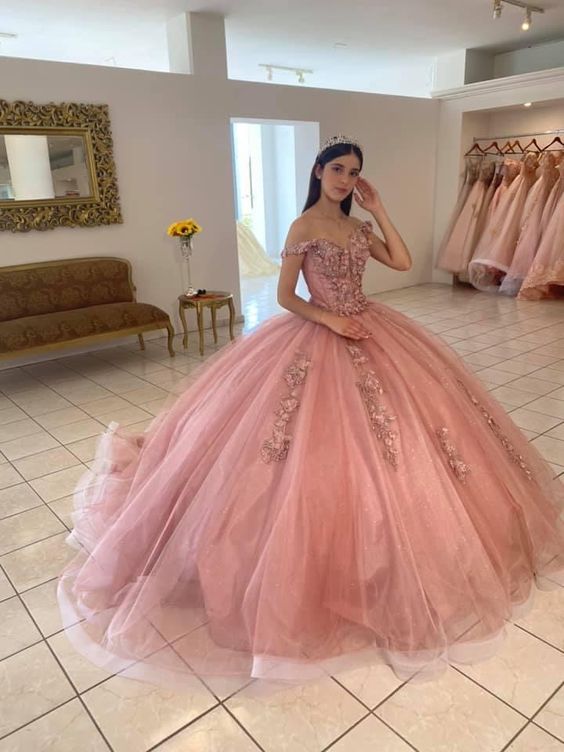 Vestido de baile de tul rosa con hombros descubiertos, vestido de quinceañera, vestido de princesa Y582