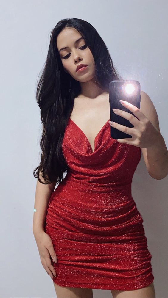 Robe de bal de fin d'année rouge pailletée, mini-robe à bretelles spaghetti, modèle Y629