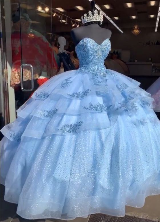 Vestido de baile con volumen, vestidos de princesa de tul azul, vestido de quinceañera azul Y528
