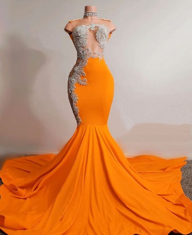 Robe de bal sirène orange sans manches, robe de soirée charmante Y567