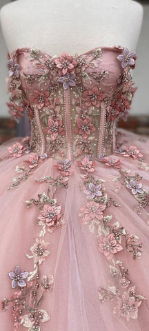 Pink Tulle Floral Appliques Ball Gown Sweet 16 Dress Y527