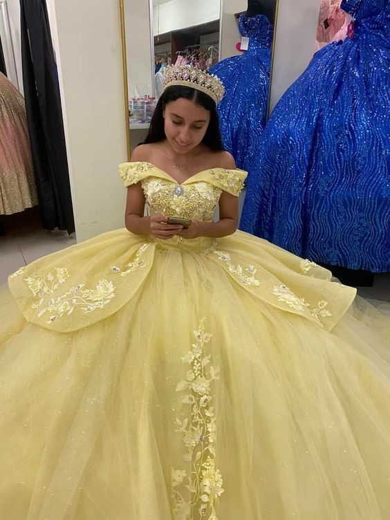 Vestido de princesa amarillo con hombros descubiertos, vestido de quinceañera, vestido de baile Y655