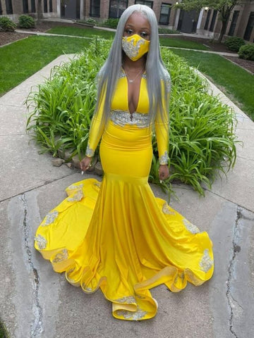Robe de bal sirène jaune à décolleté plongeant en V, robe de soirée sexy ornée d'appliques Y570