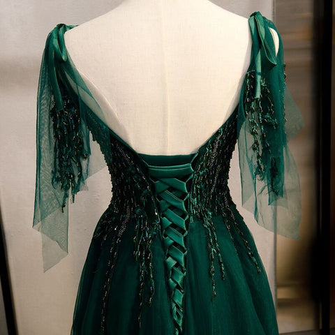 Vestido de baile de gala verde esmeralda con tirantes finos y escote en V S11037