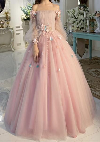 Vestidos de fiesta de manga larga, vestido de baile largo de hada floral rosa perla S24387