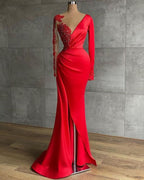 Vestido largo de noche rojo satinado, escote transparente, manga larga, con cuentas, estilo africano, abertura alta, vestido de fiesta formal para mujer S24678