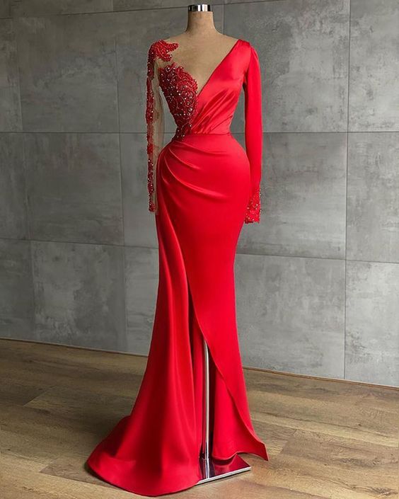 Vestido largo de noche rojo satinado, escote transparente, manga larga, con cuentas, estilo africano, abertura alta, vestido de fiesta formal para mujer S24678