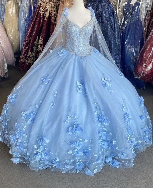 Vestido de baile de tul con flores azules, elegante vestido de graduación S26907