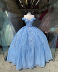 Vestido de gala azul con hombros descubiertos, vestido de graduación brillante con flores S26908