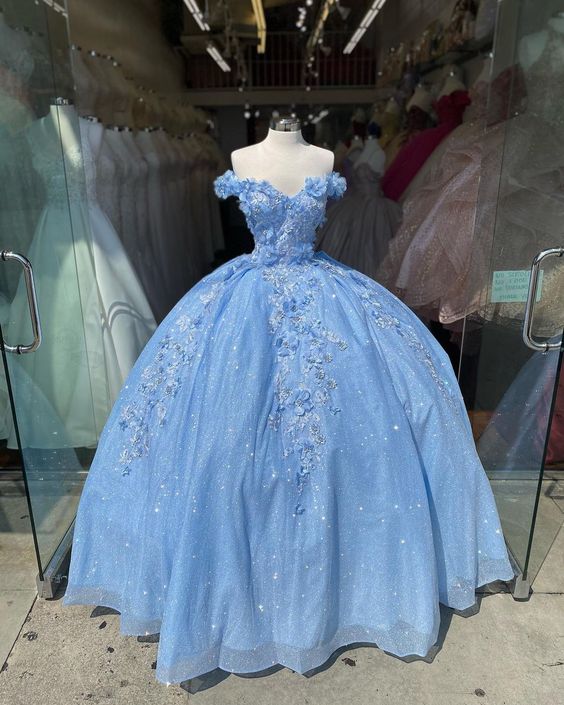 Vestido de gala azul con hombros descubiertos, vestido de graduación brillante con flores S26908