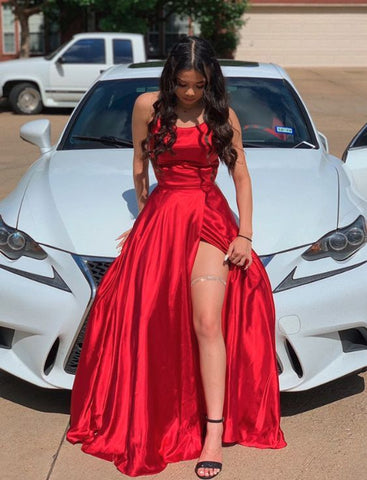 Red Satin Long Prom Gown Front Slit Evening Dresses Floor Length Prom Dresses S26169