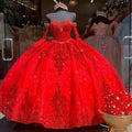 Vestido de quinceañera rojo de organza con lentejuelas, apliques y cuentas, escote corazón, modelo S26634