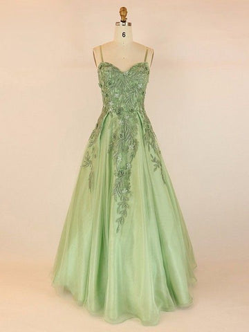 Ball Gown V-neck Tulle Floor-length With Appliques Lace Prom Dresses S26312