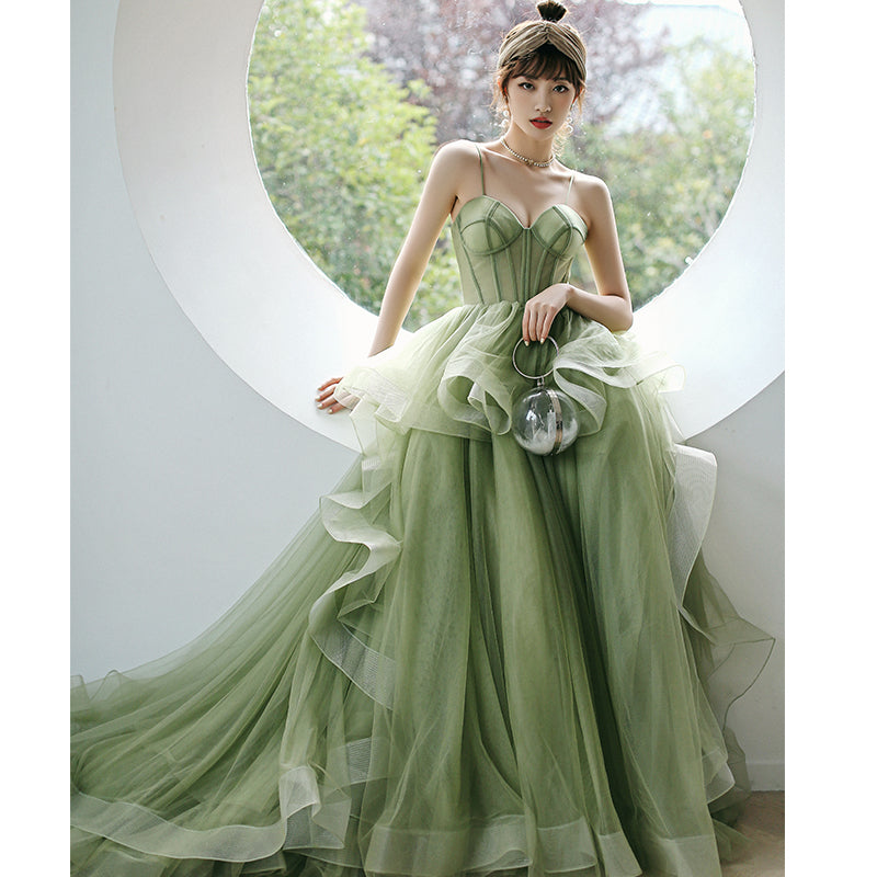 Vestido de baile de gala verde salvia con tirantes, vestido de fiesta formal de primavera S21224