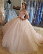 Vestido de quinceañera rosa rubor, estilo bob, con hombros descubiertos, adornado con cuentas y cristales, de tul rosa claro, estilo princesa, modelo S27021