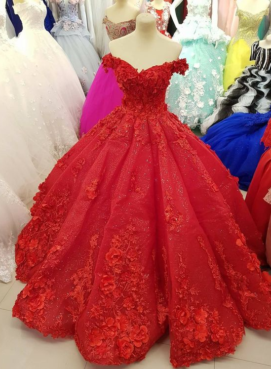 Vestido de quinceañera rojo de lujo con hombros descubiertos y flores 3D, modelo Y1217