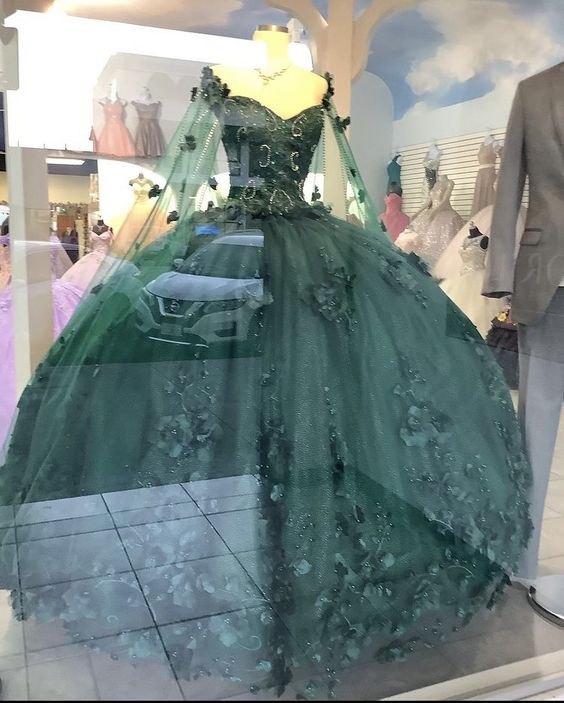 Vestido de quinceañera verde esmeralda con escote floral y hombros descubiertos, nueva llegada, vestido de gala para dulces 16 años Y1226