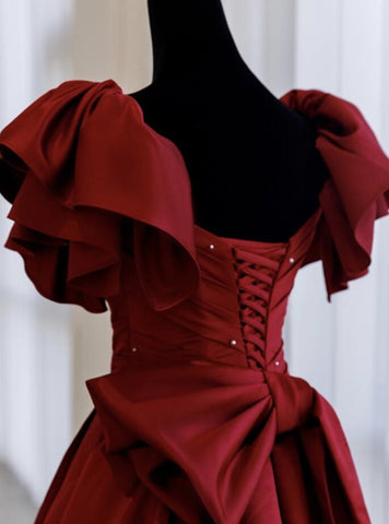 Robe de bal longue en satin bordeaux, coupe trapèze, référence Y1183