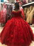 Magnifique robe de bal rouge à épaules dénudées, robe de quinceañera à fleurs 3D, robe de Sweet 16 Y1219