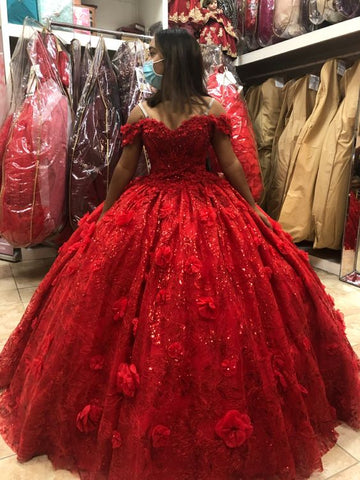 Impresionante vestido de gala rojo con hombros descubiertos, vestido de quinceañera con flores 3D, vestido para dulces 16 Y1219
