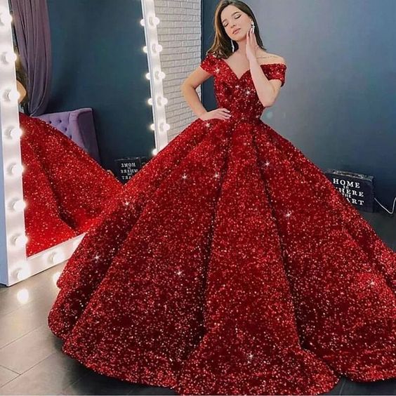 Vestidos de quinceañera de lujo, rojos brillantes, con hombros descubiertos y lentejuelas, estilo princesa, largos, para fiestas de quinceañera, modelo Y1210