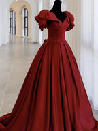 Vestido largo de fiesta de satén burdeos corte A, modelo Y1183