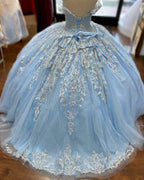 Vestido de quinceañera azul de baile de cuento de hadas invernal, vestido de baile de tul azul con encaje Y674