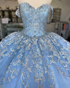 Vestido de quinceañera azul de baile de cuento de hadas invernal, vestido de baile de tul azul con encaje Y674