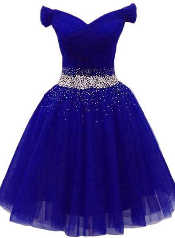 Encantador vestido de fiesta de tul azul real con cuentas, vestido corto de bienvenida Y675