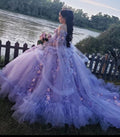 Vestido de baile de 16 años morado con apliques florales de tul y hombros descubiertos, estilo lujoso, modelo Y679