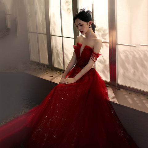 Robe de bal longue en tulle rouge à sequins, robe de soirée rouge Y1179