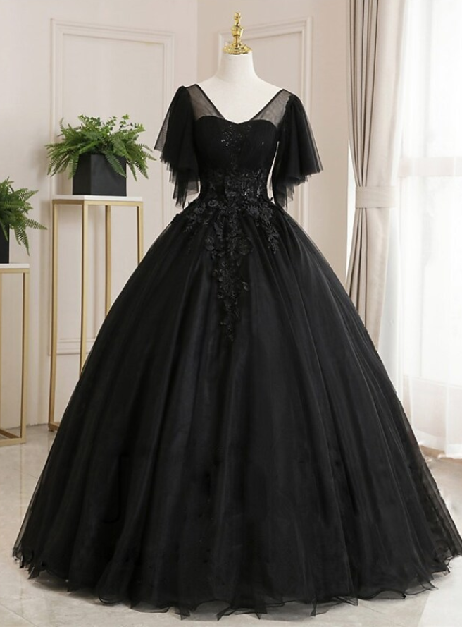 Vestido de gala de quinceañera, lujoso, floral, con escote redondo, manga corta, largo hasta el suelo, de tul con pliegues y bordado Y1478