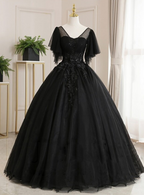 Vestido de gala de quinceañera, lujoso, floral, con escote redondo, manga corta, largo hasta el suelo, de tul con pliegues y bordado Y1478