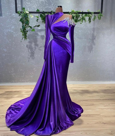 Robe de soirée glamour en velours violet à manches longues, robe de soirée élégante en velours violet Y729