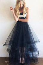 Cheap Navy Blue and White Tulle Simple Long Strapless Prom Dresses