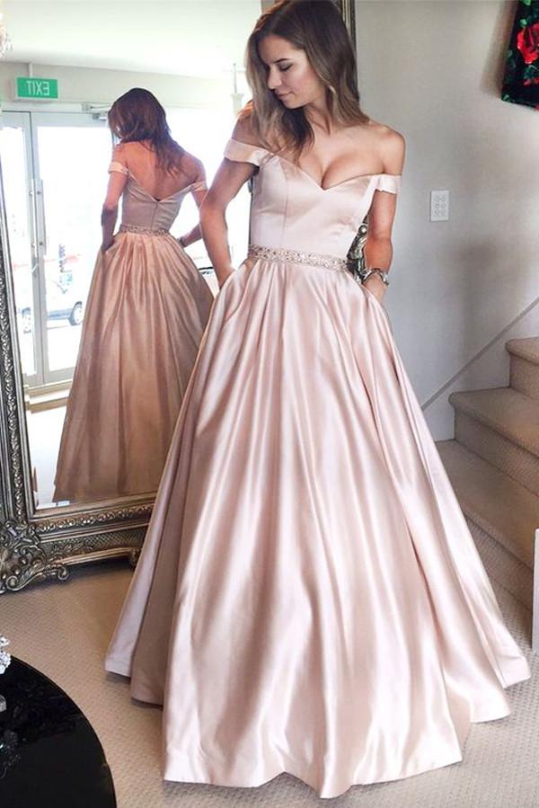 Robes de bal et de soirée simples, coupe trapèze, épaules dénudées, longueur au sol 