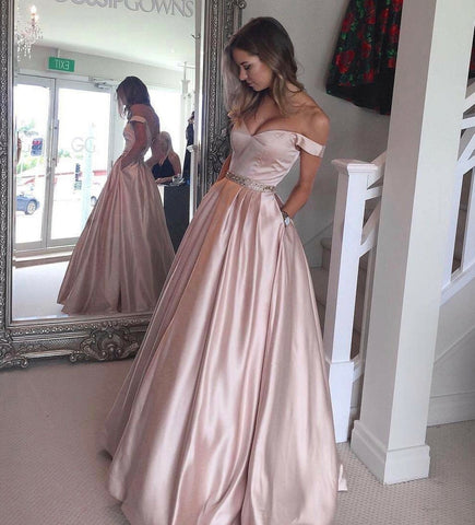 Simple A-line Off the Shoulder Floor Length Prom Dresses, Evening Dresses
