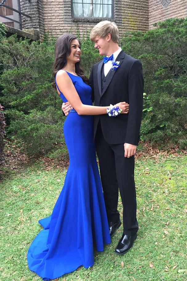 Mermaid Open Back Beaded Prom Dresses with Sweep Train