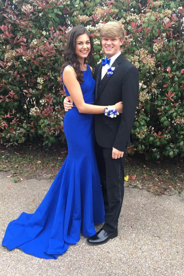 Mermaid Open Back Beaded Prom Dresses with Sweep Train