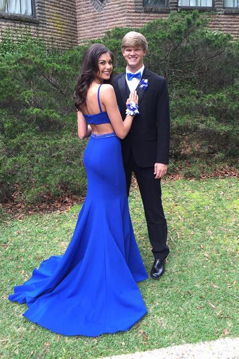 Mermaid Open Back Beaded Prom Dresses with Sweep Train