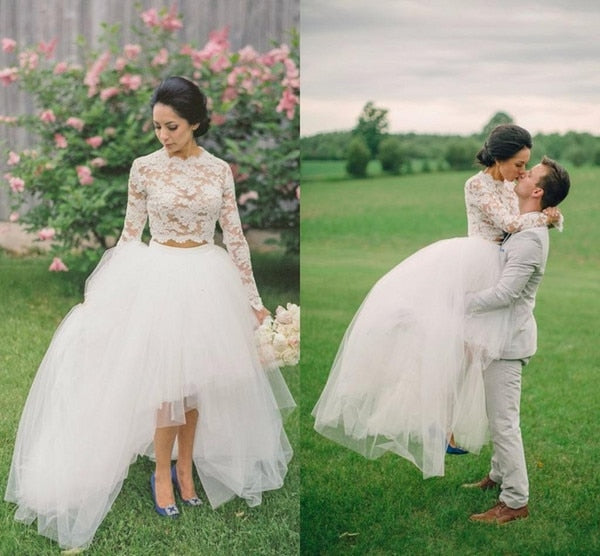 Baoleely Wedding Dresses  Two Pieces High Low Tulle Skirt Lace Top Long Sleeves Crew Women Bridal Gown robe de mariee novia mariage