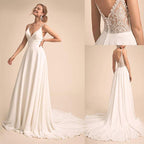 Vestido de novia sencillo de gasa con escote en V, tirantes finos y corte en A, con espalda de encaje, colección 2025