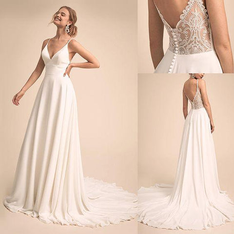 Simple V Neck Spaghetti Straps Chiffon A Line Wedding Dress With Lace Back Bridal Gown 2025