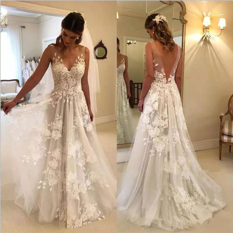 Baoleely Fairy A Line Wedding Dress Sleeveless Vintage Boho Bridal Dress Deep V Neck Tulle Wedding Dresses Robe de mariee
