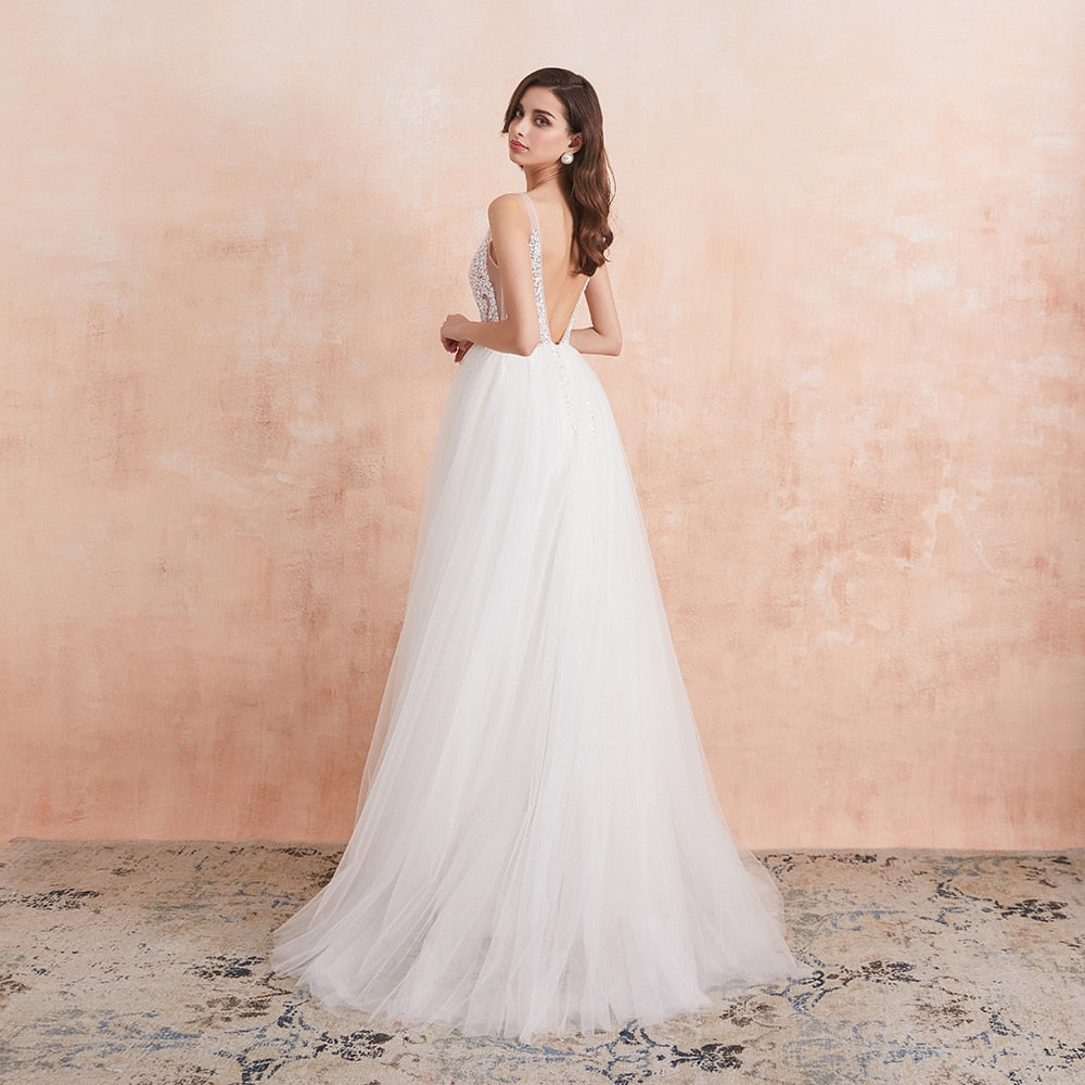 Baoleely V Neck Wedding Dress White Ivory Sexy High Splits Beaded Beading Pearls Crystal A Line Backless Bridal Gown Vestido De Noiva