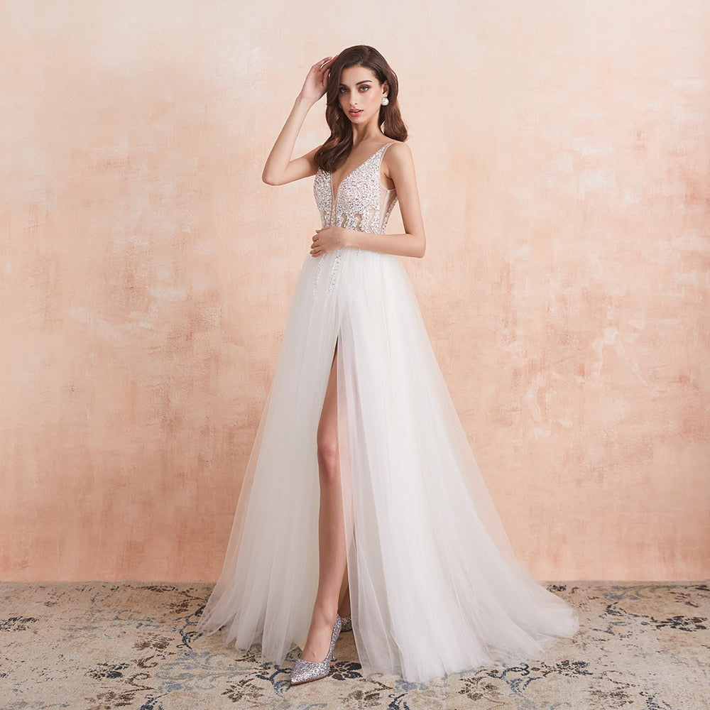 Baoleely V Neck Wedding Dress White Ivory Sexy High Splits Beaded Beading Pearls Crystal A Line Backless Bridal Gown Vestido De Noiva