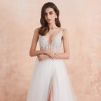Baoleely V Neck Wedding Dress White Ivory Sexy High Splits Beaded Beading Pearls Crystal A Line Backless Bridal Gown Vestido De Noiva
