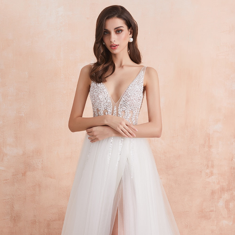 Baoleely V Neck Wedding Dress White Ivory Sexy High Splits Beaded Beading Pearls Crystal A Line Backless Bridal Gown Vestido De Noiva
